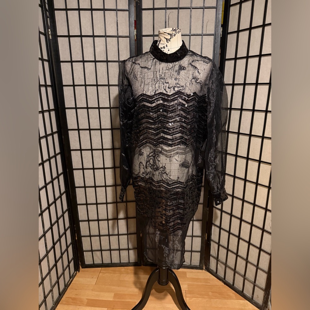 NWT Modcloth Fanciful Fette Sequin Embellish Sheer long sleeve Black Dress XL